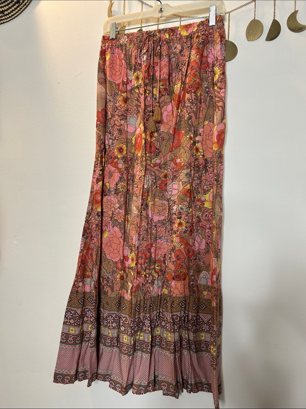 Bohemian Floral Maxi Skirt in Pink and Brown